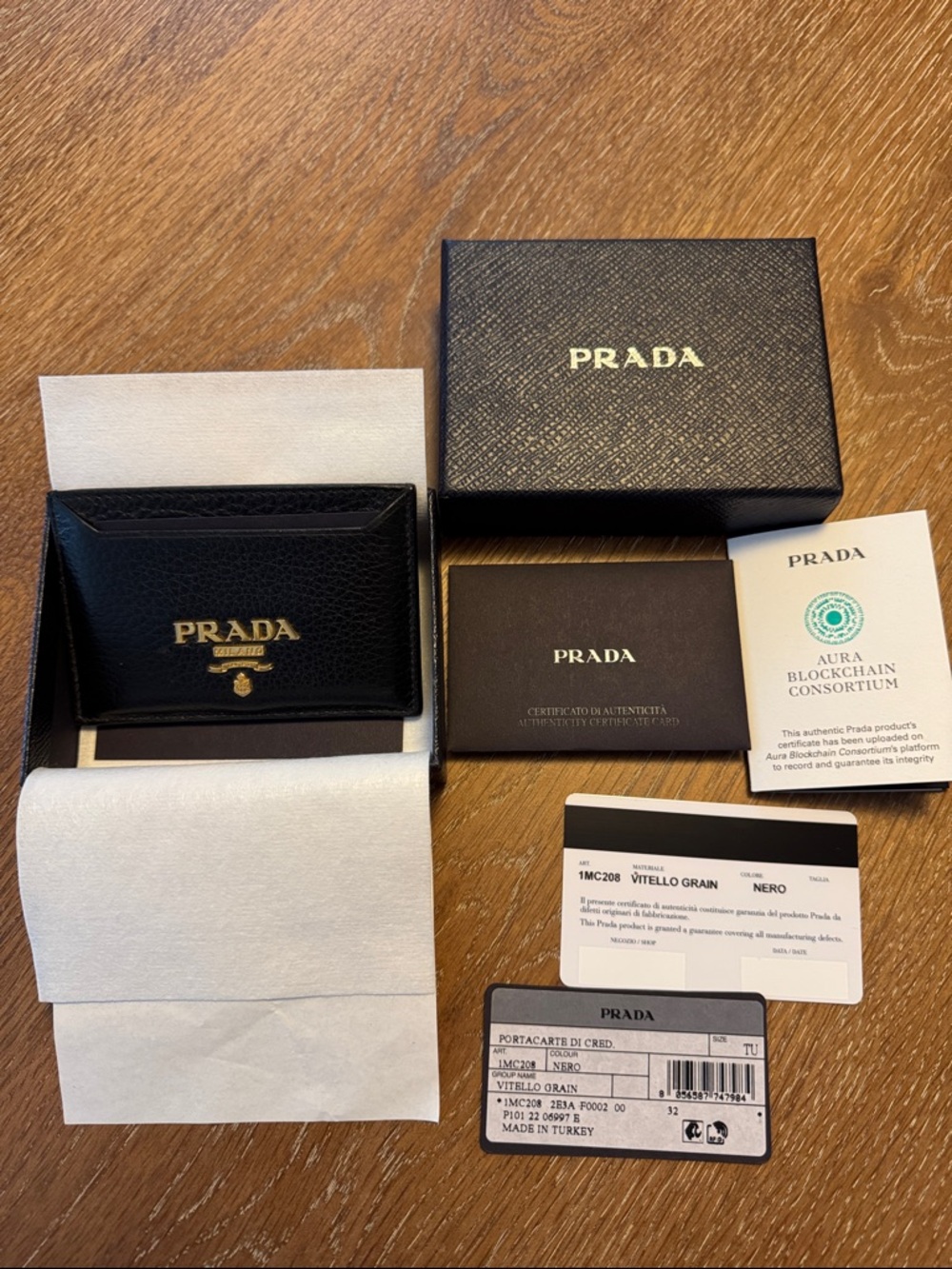 Prada Black Saffiano Leather Card & Key Holder with Gold Logo